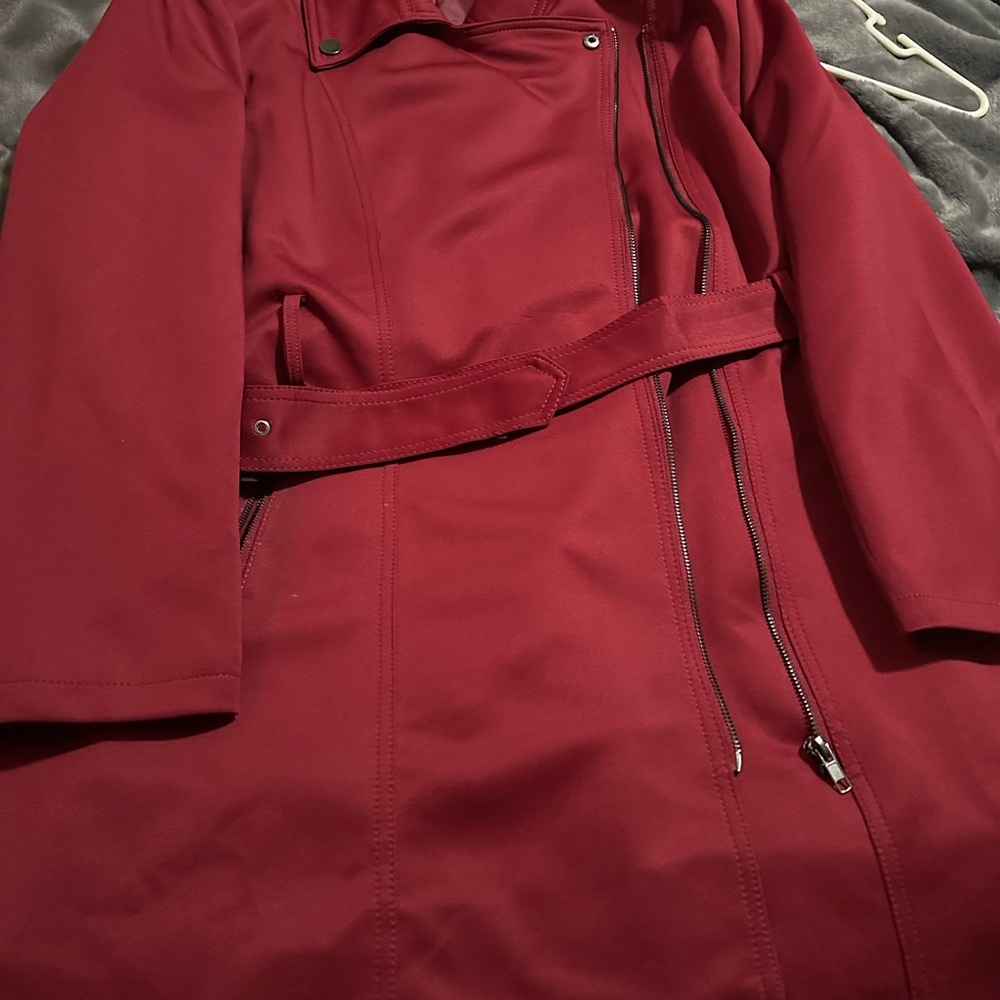Women's Crimson Belted Trench Coat with Asymmetric Zip